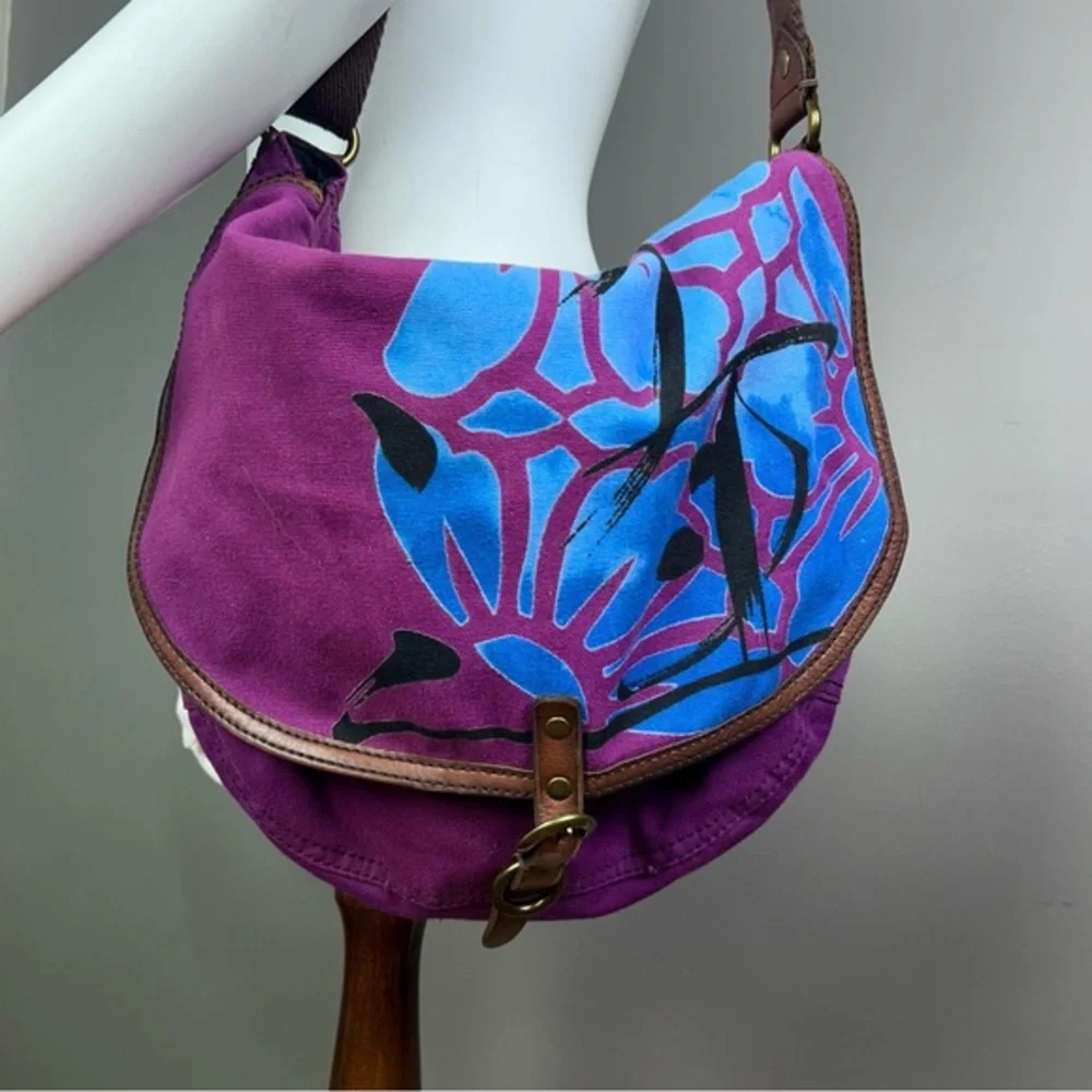 Y2K Lucky Brand messenger satchel bag‎ vtg Purple Hawaiian colorful western